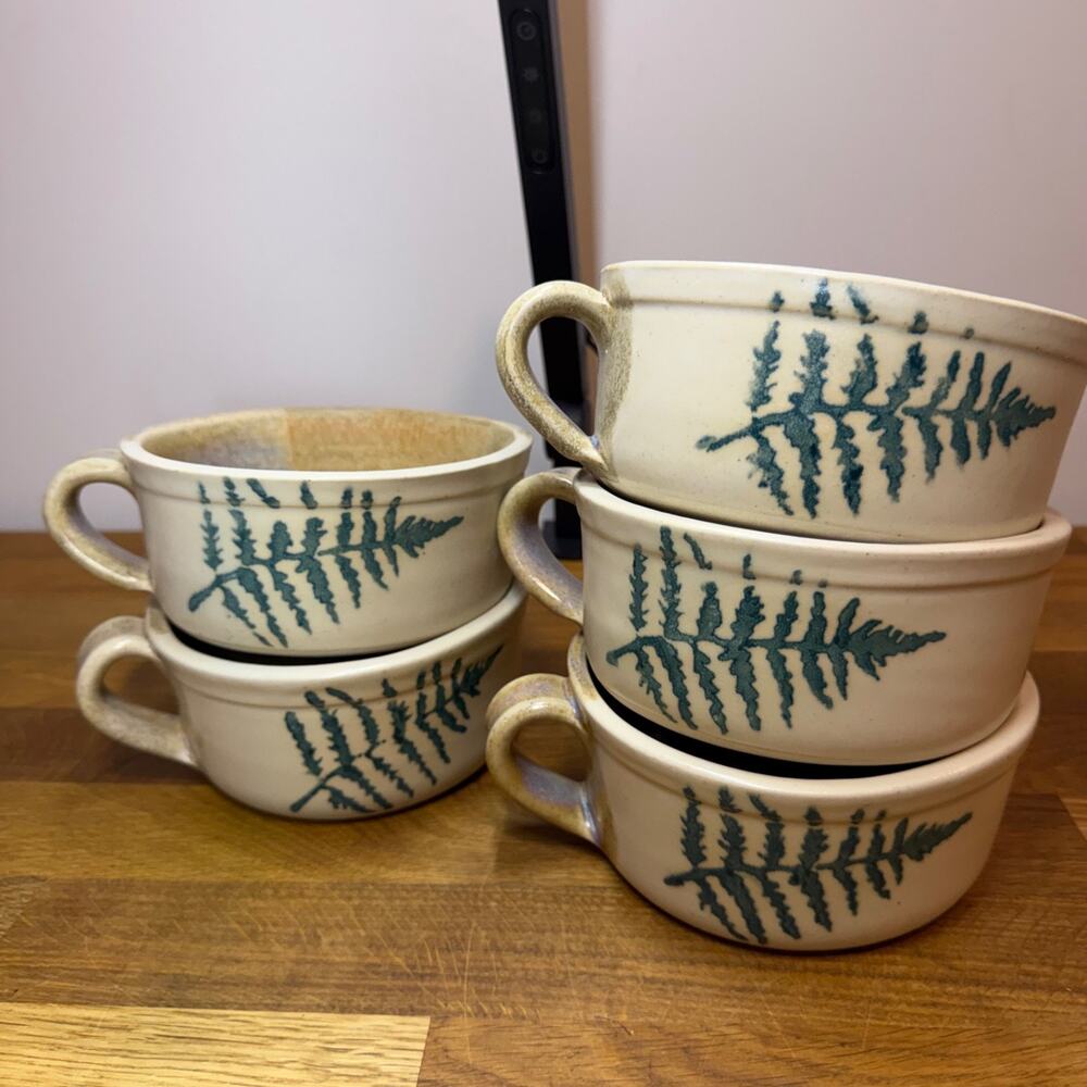 Stegall Pottery Fern Soup Mug Set of 5 - 20 Ounce Bowls Rustic Handle Mountains